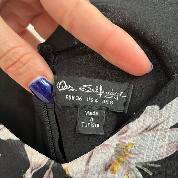 Miss Selfridge Chiffon Floral Print Ruffled Asymmetric Dress Black Womens Size 4 - Picture 6 of 8